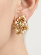 Vintage Trifari – Leaf & Pearl Clip Earrings – view 2