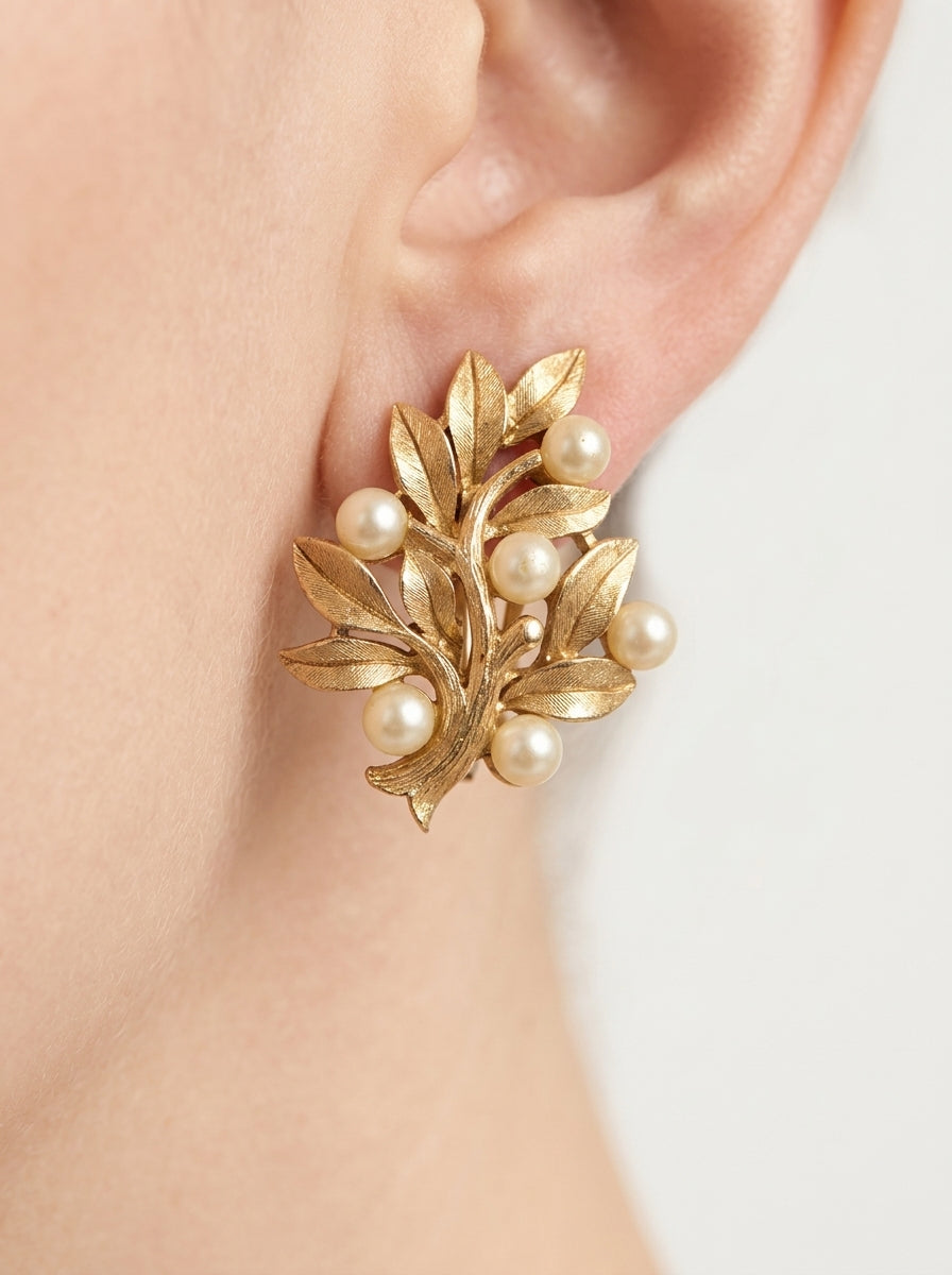 Vintage Trifari – Leaf & Pearl Clip Earrings – view 2