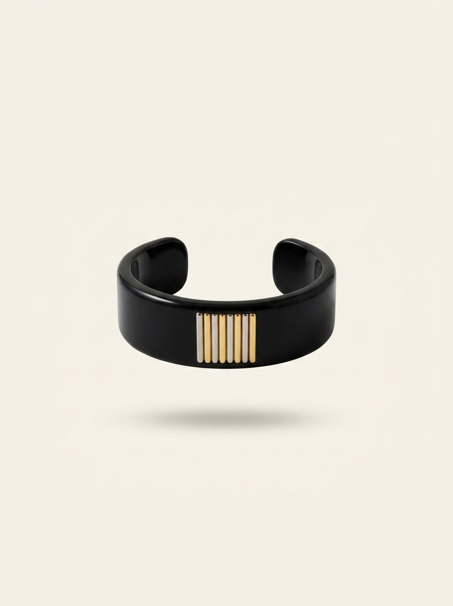 Lanvin Black Resin Bangle with Gold & Silver Bars