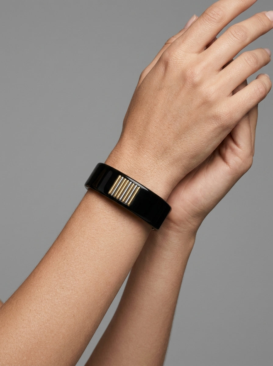 Lanvin Black Resin Bangle with Gold & Silver Bars