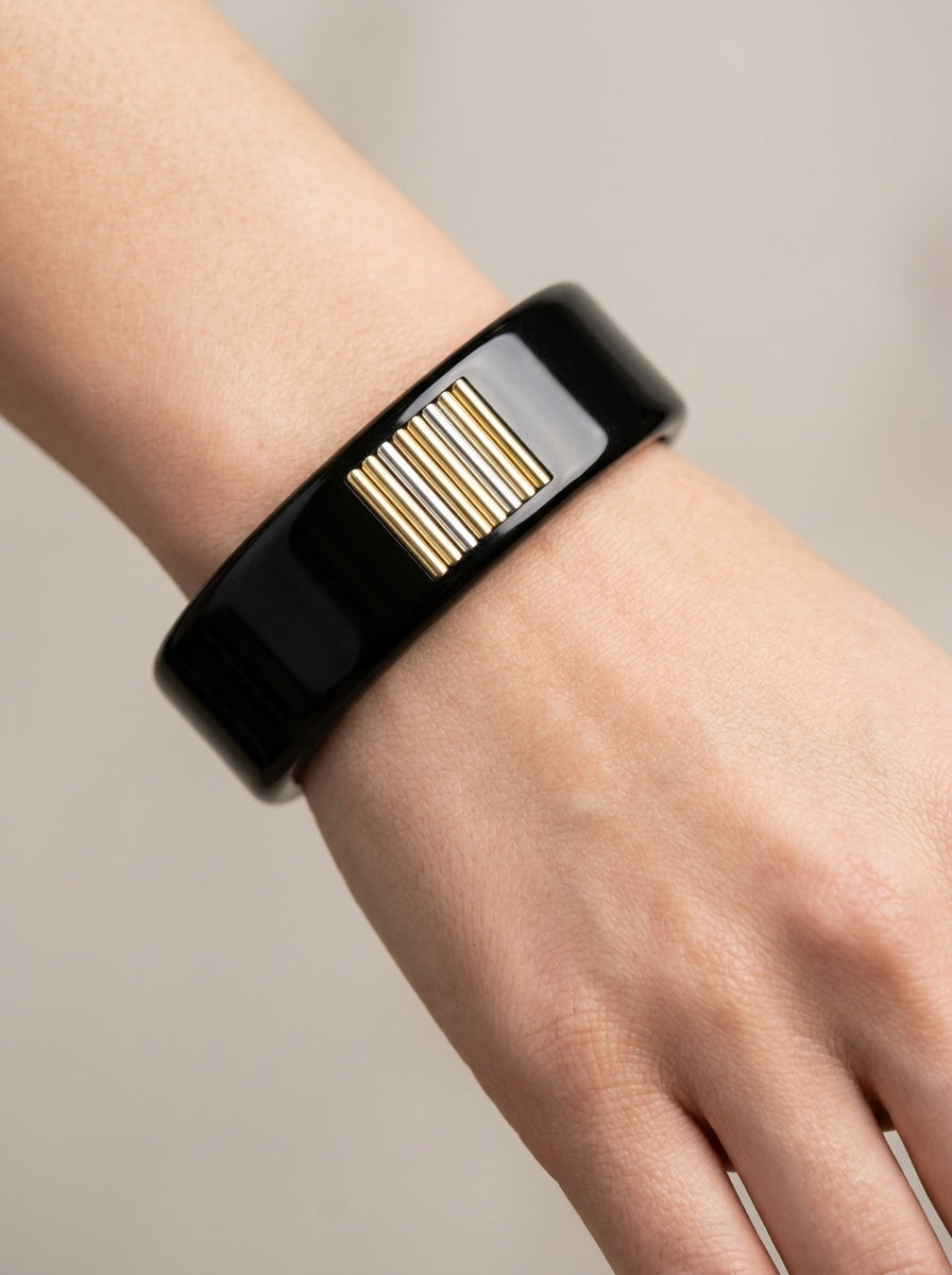 Lanvin Black Resin Bangle with Gold & Silver Bars