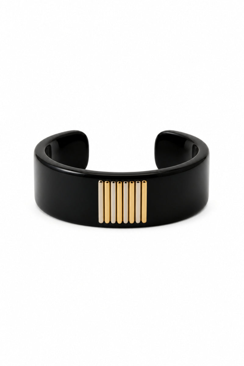 Lanvin Black Resin Bangle with Gold & Silver Bars