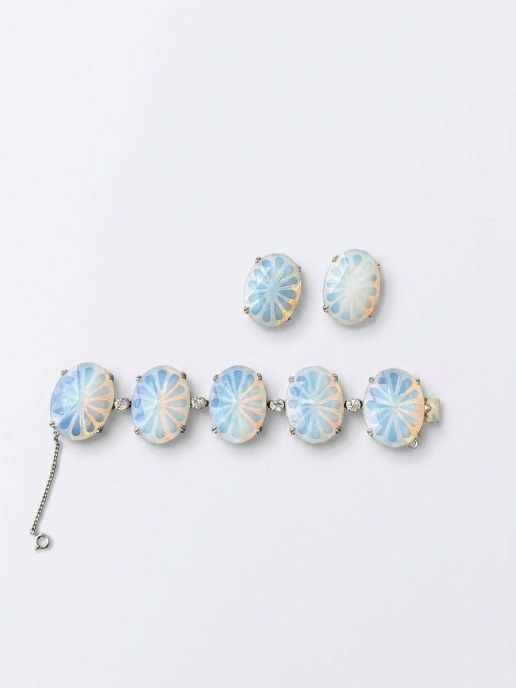 Schiaparelli Opaline Glass Jewelry Set – Bracelet & Clip Earrings
