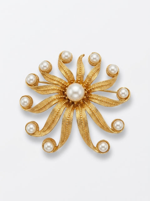 Unsigned XL 1970s Faux Pearl Pinwheel Brooch – 22ct Gold-Plated