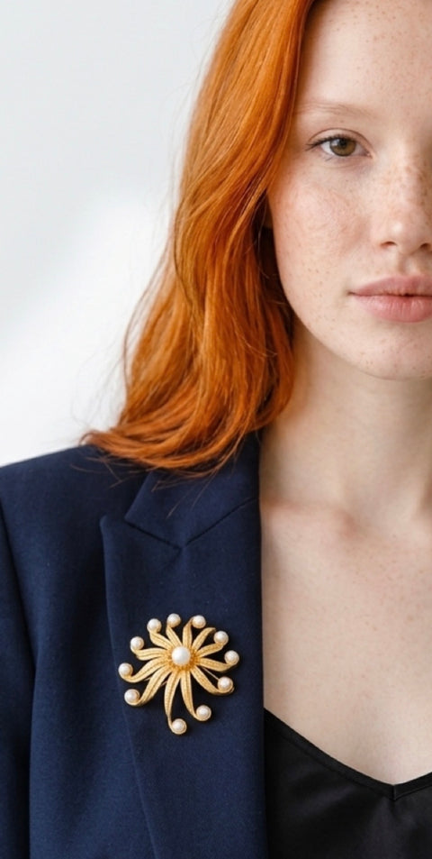 Unsigned XL 1970s Faux Pearl Pinwheel Brooch – 22ct Gold-Plated