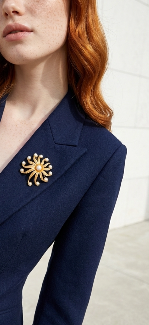Unsigned XL 1970s Faux Pearl Pinwheel Brooch – 22ct Gold-Plated
