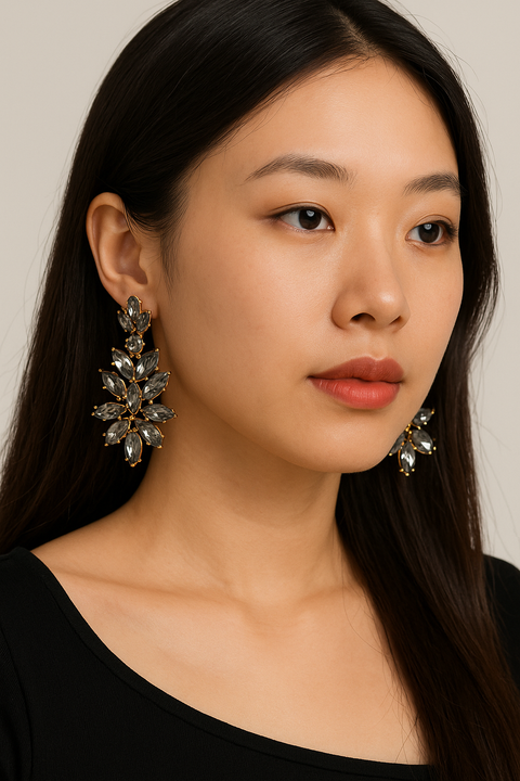 Oscar de la Renta Black Crystal Chandelier Clip Earrings