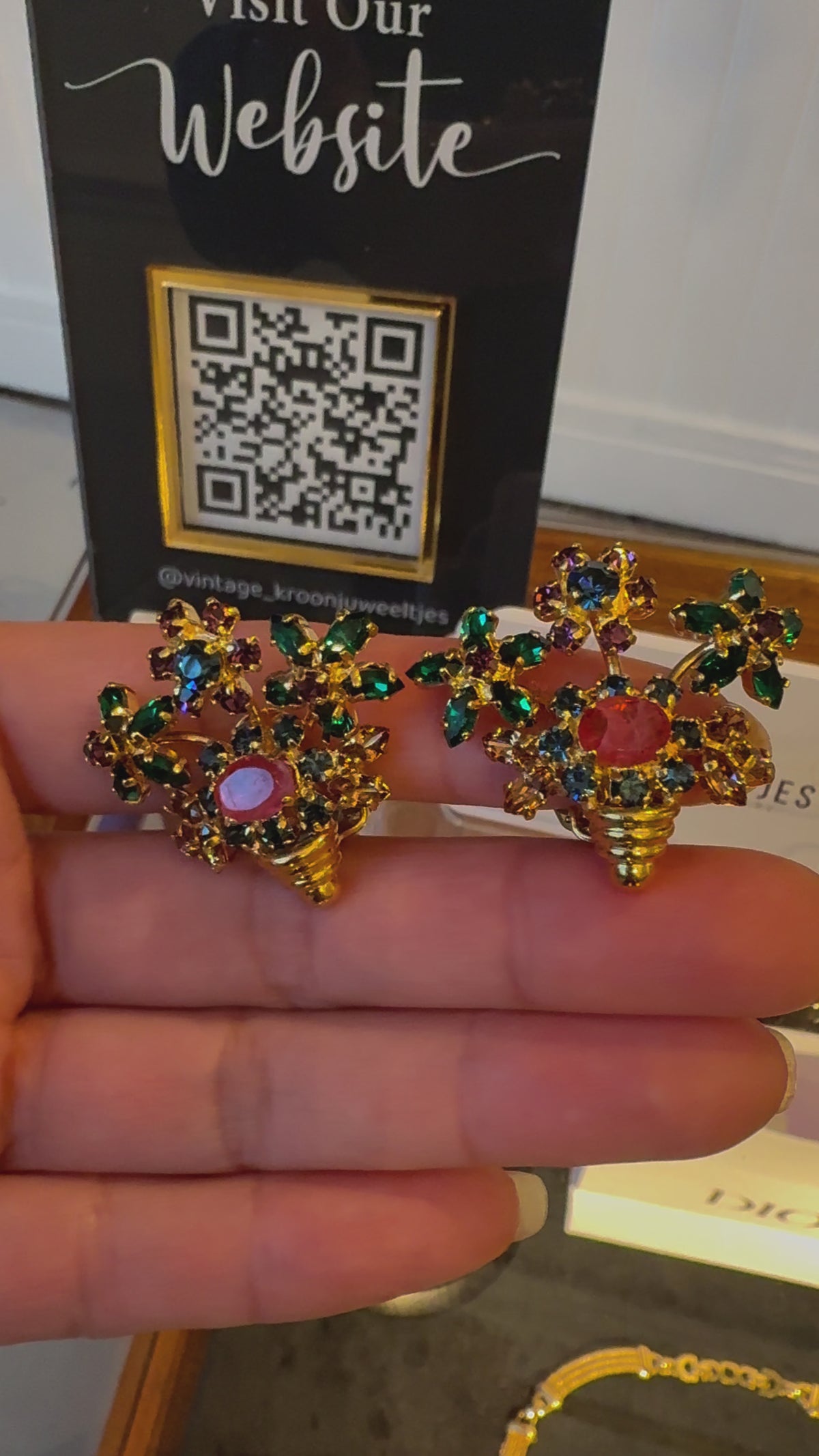 Christian Dior Flower Basket Crystal Clip Earrings 1971