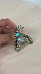 Vintage Blue & Green Crystal Fly Brooch