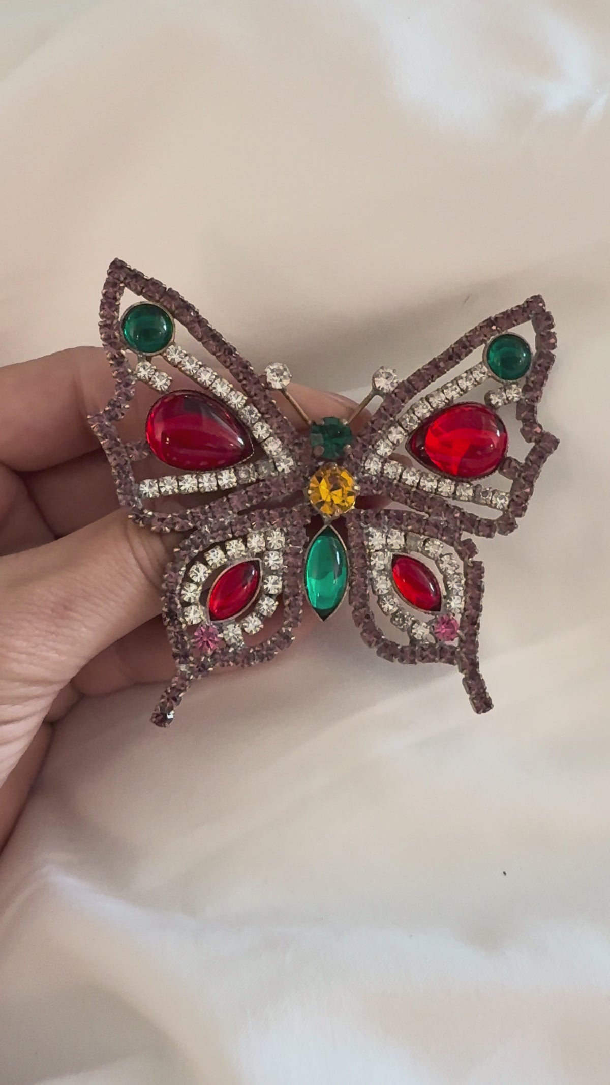 Vintage Ruby & Amethyst Crystal Butterfly Brooch