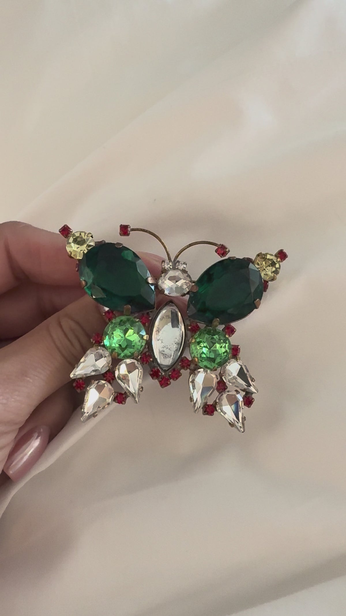 Vintage Emerald & Ruby Crystal Butterfly Brooch