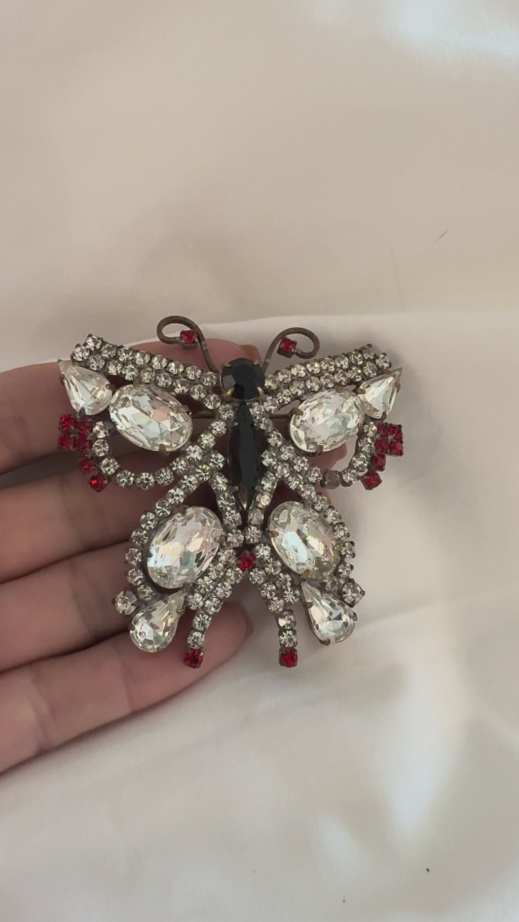 Vintage Black & Clear Crystal Butterfly Brooch