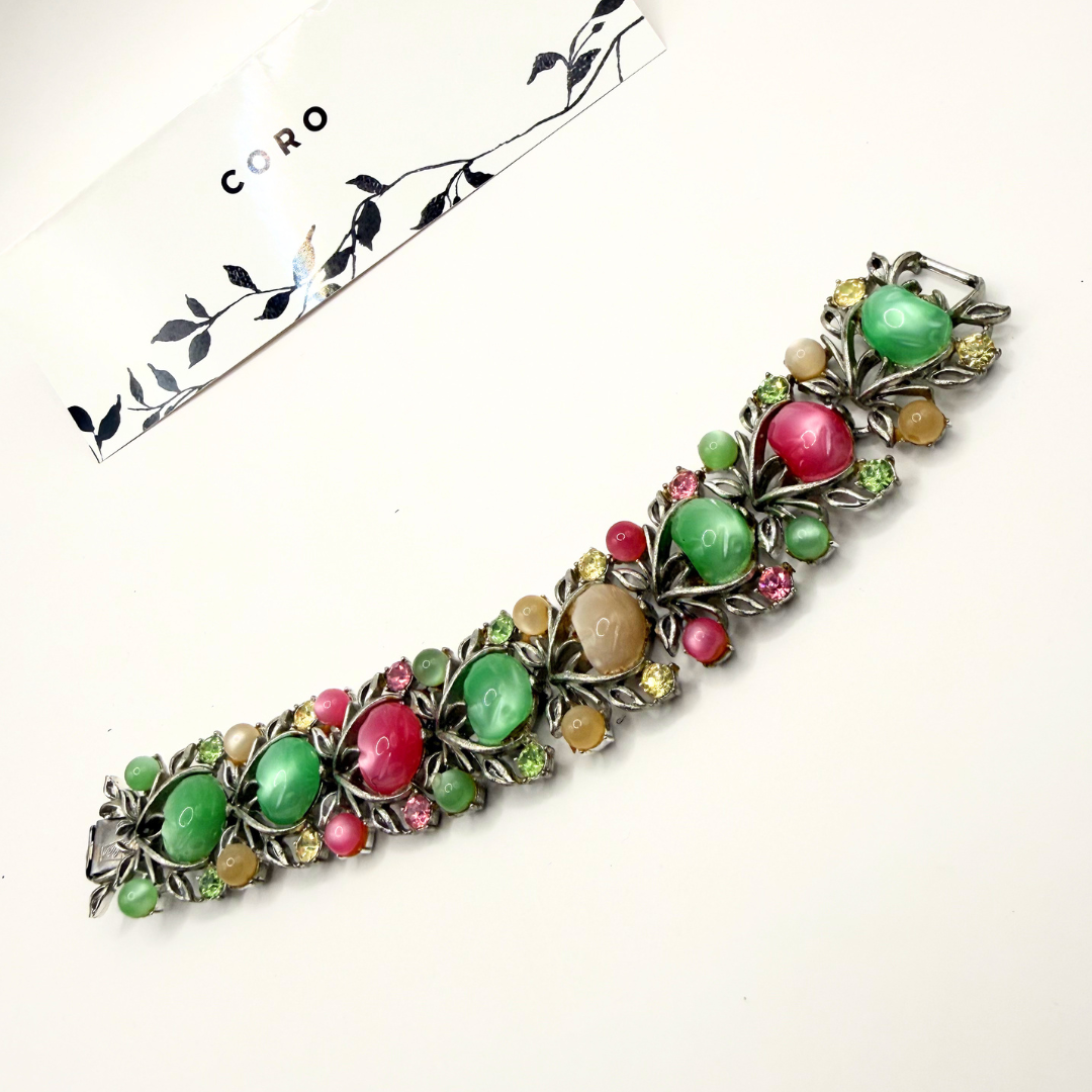 Coro Vintage Bracelet with Green and Pink Cabochons
