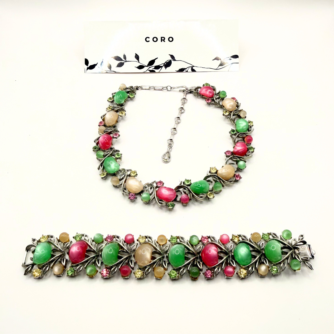 Coro Vintage Necklace with Green and Pink Cabochons