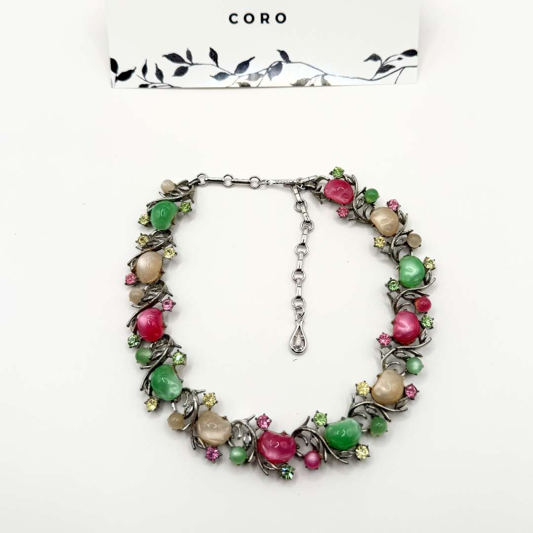 Coro Vintage Necklace with Green and Pink Cabochons