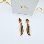 Vintage Christian Dior Clip Earrings Gold Plated Black Enamel Austrian Crystal 1980s