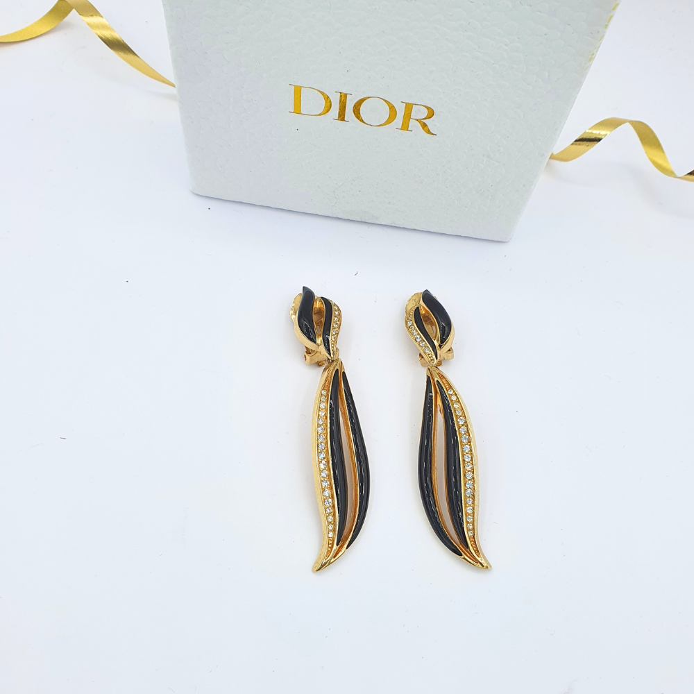 Vintage Christian Dior Clip Earrings Gold Plated Black Enamel Austrian Crystal 1980s